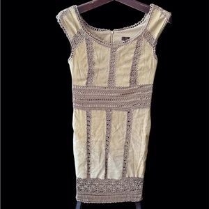 Danier  fine leather Beige Crochet-Trim Midi Dress size 6 dry cleaned